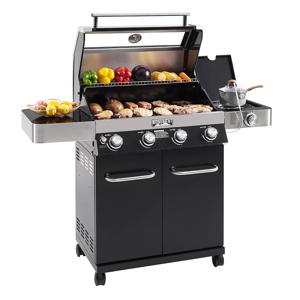 Monument Grills 4-Burner Propane Gas Grill In Black Porcelain Enamel With Clear View Lid, LED Controls, And Side Burner 3 Monument Grills 4-Burner Propane Gas Grill In Black Porcelain Enamel With Clear View Lid, LED Controls, And Side Burner