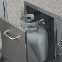 Bull BBQ Fully-Assembled 6 Ft. Power-Q Raised Bar BBQ Island With 30-Inch Lonestar Select Grill, Fridge And 30-Inch Access Door & Propane Drawer Combo - Rock Base And Tile Countertop -BBQDIRECT Shop Bull BBQ 30 Inch Stainless Steel Access Door and Propane Drawer Combo with Paper Towel Holder 65784 Open