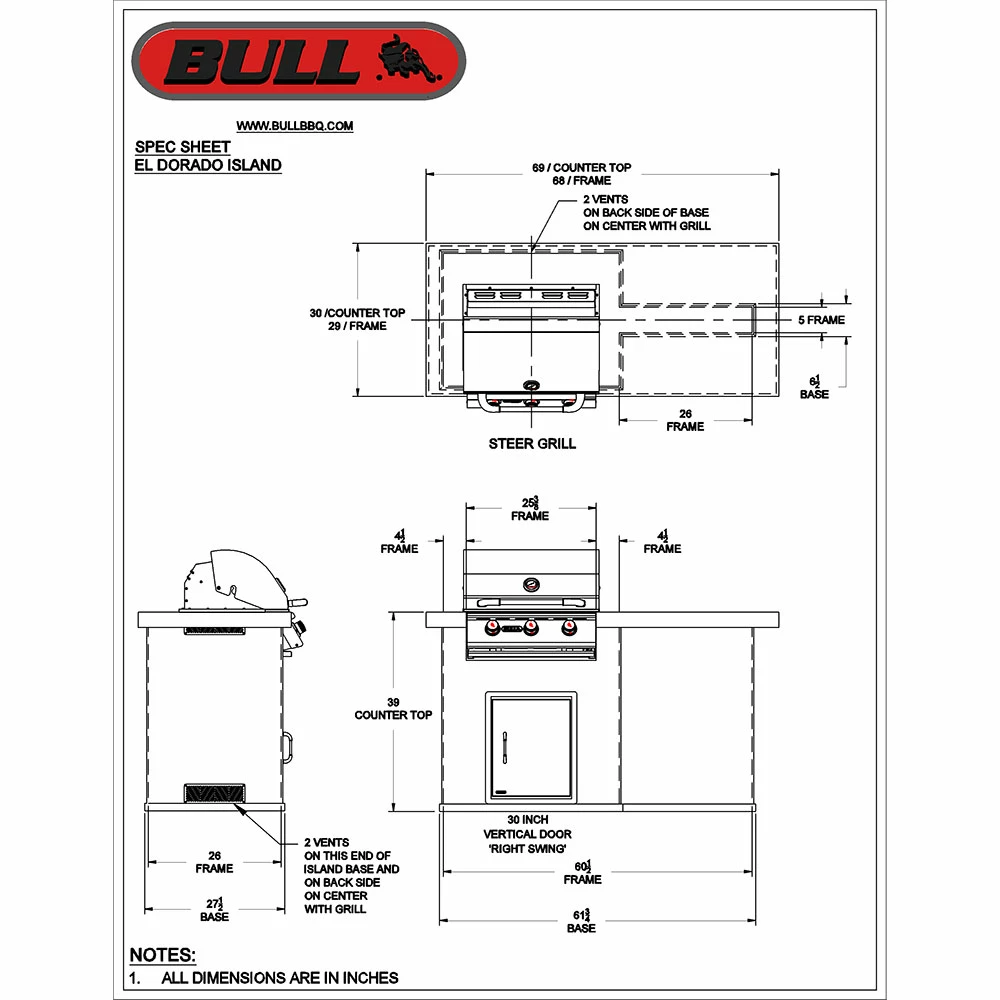 Bull BBQ Fully-Assembled 6 Ft. El Dorado BBQ Island With 25-Inch Steer Premium Grill And Vertical Door - Brown Stucco 4 Bull BBQ Fully-Assembled 6 Ft. El Dorado BBQ Island With 25-Inch Steer Premium Grill And Vertical Door - Brown Stucco - Image 2