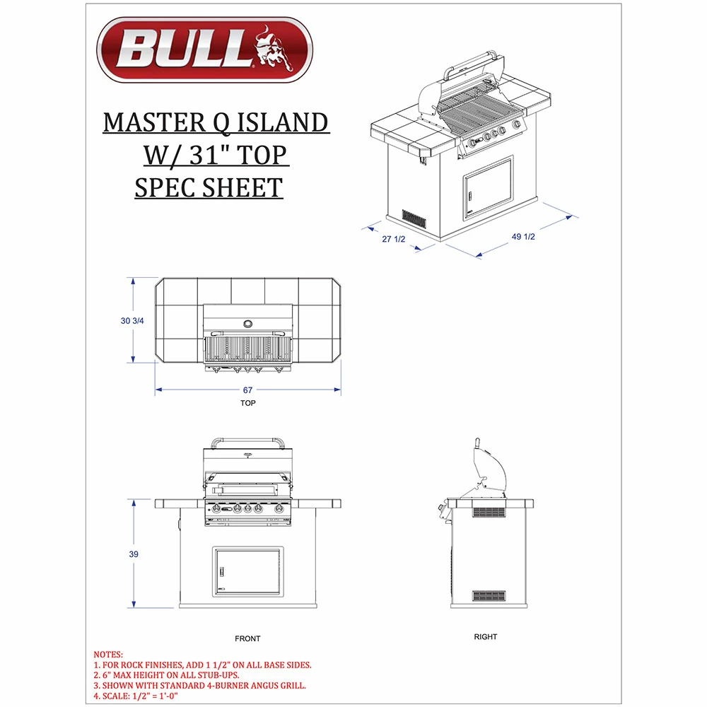Bull BBQ Fully-Assembled 5 Ft. Master-Q BBQ Island With 30-Inch Angus Grill And 30-Inch Double Door - Stucco Base And Tile Countertop 4 Bull BBQ Fully-Assembled 5 Ft. Master-Q BBQ Island With 30-Inch Angus Grill And 30-Inch Double Door - Stucco Base And Tile Countertop - Image 2