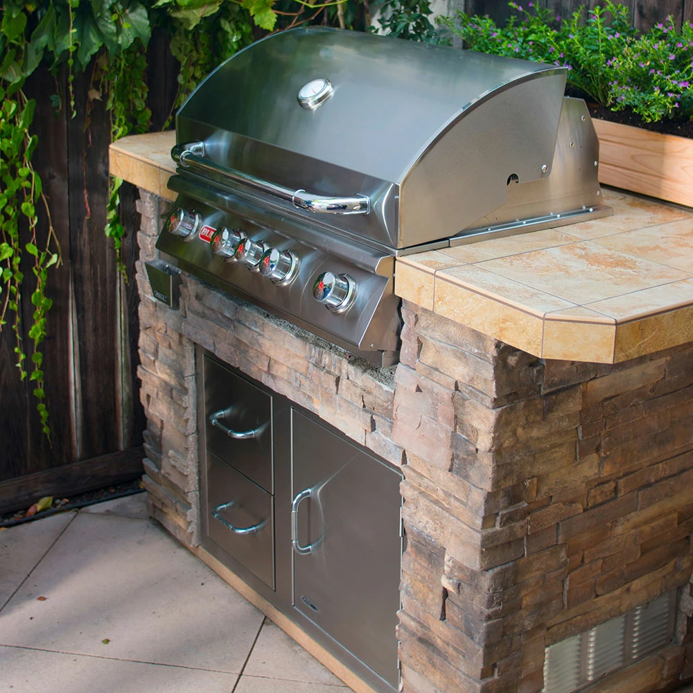 Bull BBQ Fully-Assembled 5 Ft. Master-Q BBQ Island With 30-Inch Angus Grill And 30-Inch Double Door - Rock Base And Tile Countertop 5 Bull BBQ Fully-Assembled 5 Ft. Master-Q BBQ Island With 30-Inch Angus Grill And 30-Inch Double Door - Rock Base And Tile Countertop - Image 3