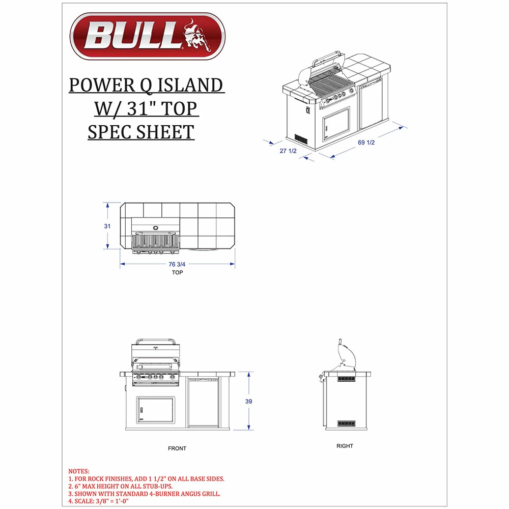 Bull BBQ Fully-Assembled 6 Ft. Power-Q BBQ Island With 30-Inch Outlaw Grill, Fridge And 30-Inch Double Door - Stucco Base And Tile Countertop 4 Bull BBQ Fully-Assembled 6 Ft. Power-Q BBQ Island With 30-Inch Outlaw Grill, Fridge And 30-Inch Double Door - Stucco Base And Tile Countertop - Image 2