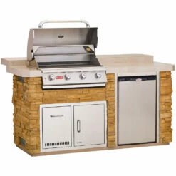 Bull BBQ Fully-Assembled 6 Ft. Power-Q Raised Bar BBQ Island With 30-Inch Lonestar Select Grill, Fridge And 30-Inch Access Door & Propane Drawer Combo - Rock Base And Tile Countertop