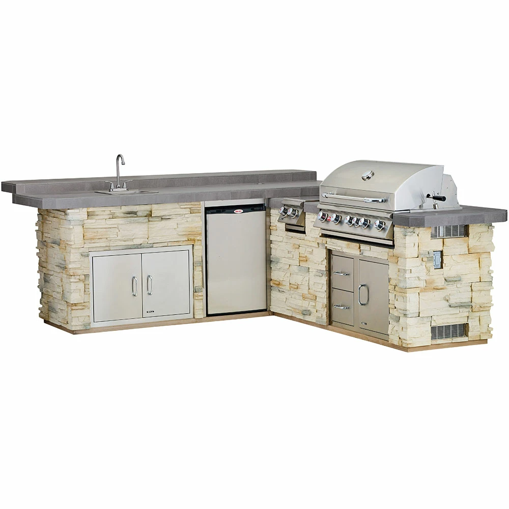 Bull BBQ Fully-Assembled 9 Ft. Gourmet-Q Raised Bar BBQ Island With 30-Inch Angus Grill, Fridge, Double Side Burner, 30-Inch Double Access Door, 30-Inch Access Door & Double Drawer Combo And Stainless Steel Sink - Rock Base And Tile Countertop 5 Bull BBQ Fully-Assembled 9 Ft. Gourmet-Q Raised Bar BBQ Island With 30-Inch Angus Grill, Fridge, Double Side Burner, 30-Inch Double Access Door, 30-Inch Access Door & Double Drawer Combo And Stainless Steel Sink - Rock Base And Tile Countertop - Image 3