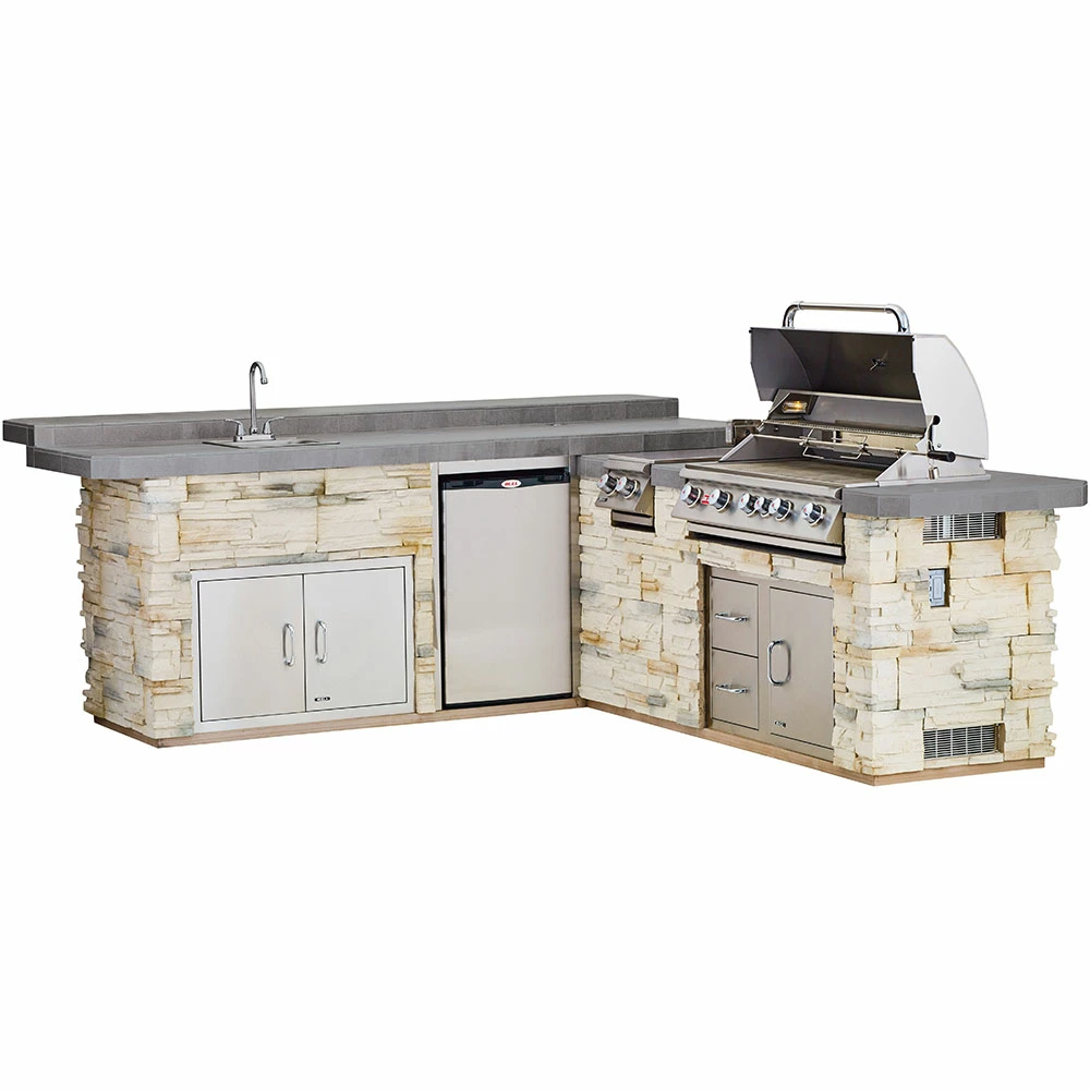 Bull BBQ Fully-Assembled 9 Ft. Gourmet-Q Raised Bar BBQ Island With 30-Inch Angus Grill, Fridge, Double Side Burner, 30-Inch Double Access Door, 30-Inch Access Door & Double Drawer Combo And Stainless Steel Sink - Rock Base And Tile Countertop 3 Bull BBQ Fully-Assembled 9 Ft. Gourmet-Q Raised Bar BBQ Island With 30-Inch Angus Grill, Fridge, Double Side Burner, 30-Inch Double Access Door, 30-Inch Access Door & Double Drawer Combo And Stainless Steel Sink - Rock Base And Tile Countertop