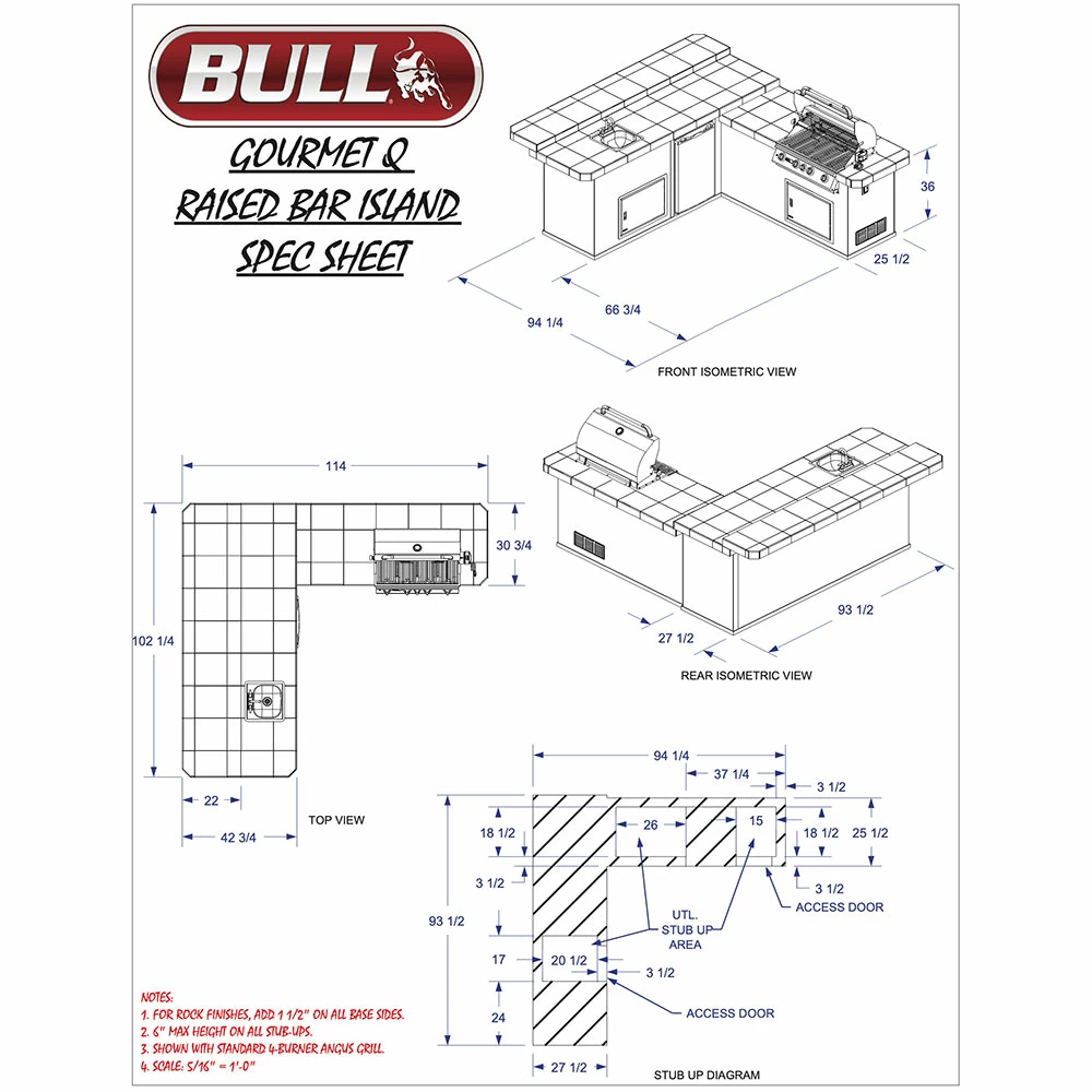 Bull BBQ Fully-Assembled 9 Ft. Gourmet-Q Raised Bar BBQ Island With 30-Inch Angus Grill, Fridge, Double Side Burner, 30-Inch Double Access Door, 30-Inch Access Door & Double Drawer Combo And Stainless Steel Sink - Rock Base And Tile Countertop 4 Bull BBQ Fully-Assembled 9 Ft. Gourmet-Q Raised Bar BBQ Island With 30-Inch Angus Grill, Fridge, Double Side Burner, 30-Inch Double Access Door, 30-Inch Access Door & Double Drawer Combo And Stainless Steel Sink - Rock Base And Tile Countertop - Image 2
