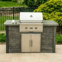 Coyote Ready-To-Assemble 5 Ft. Outdoor Kitchen Island For Natural Gas Grill And Access Door - Gray Weathered Wood -BBQDIRECT Shop Coyote Ready To Assemble 5 Ft Outdoor Kitchen Island Gray Weathered Wood RTAC G5 WG Lifestyle 1