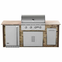 Coyote Ready-To-Assemble 8 Ft. Outdoor Kitchen Island For C-Series Gas Grill, Double Doors, Trash Bin And Outdoor Refrigerator - Brown Stacked Stone
