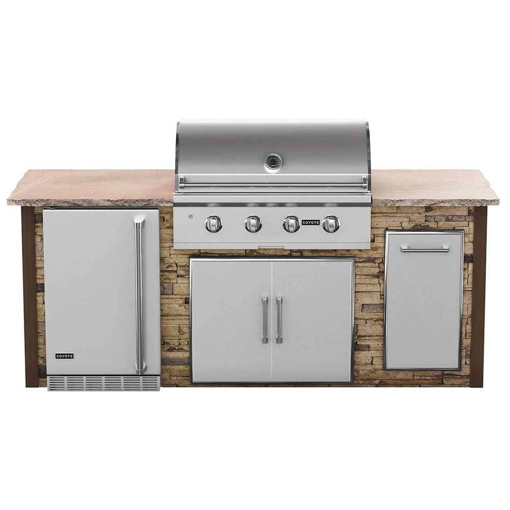Coyote Ready-To-Assemble 8 Ft. Outdoor Kitchen Island For C-Series Gas Grill, Double Doors, Trash Bin And Outdoor Refrigerator - Brown Stacked Stone 3 Coyote Ready-To-Assemble 8 Ft. Outdoor Kitchen Island For C-Series Gas Grill, Double Doors, Trash Bin And Outdoor Refrigerator - Brown Stacked Stone