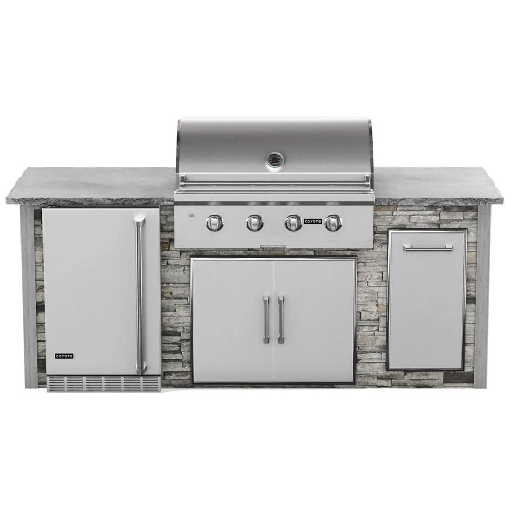 Coyote Ready-To-Assemble 8 Ft. Outdoor Kitchen Island For C-Series Gas Grill, Double Doors, Trash Bin And Outdoor Refrigerator - Gray Stacked Stone 3 Coyote Ready-To-Assemble 8 Ft. Outdoor Kitchen Island For C-Series Gas Grill, Double Doors, Trash Bin And Outdoor Refrigerator - Gray Stacked Stone