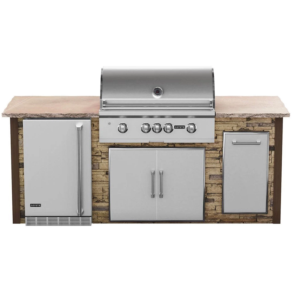 Coyote Ready-To-Assemble 8 Ft. Premium Outdoor Kitchen Island For S-Series Gas Grill, Double Doors, Trash Bin And Outdoor Refrigerator - Brown Stacked Stone 3 Coyote Ready-To-Assemble 8 Ft. Premium Outdoor Kitchen Island For S-Series Gas Grill, Double Doors, Trash Bin And Outdoor Refrigerator - Brown Stacked Stone