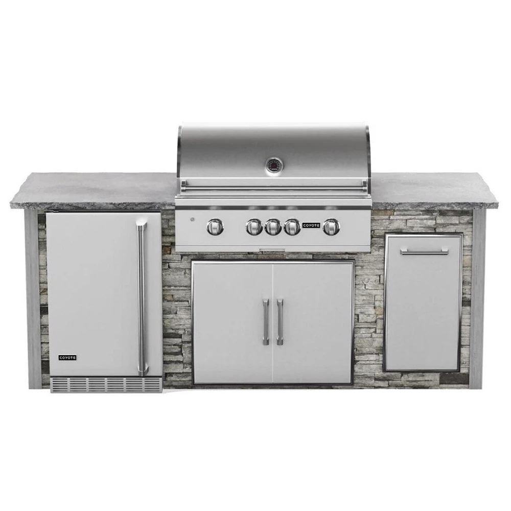Coyote Ready-To-Assemble 8 Ft. Premium Outdoor Kitchen Island For S-Series Gas Grill, Double Doors, Trash Bin And Outdoor Refrigerator - Gray Stacked Stone 3 Coyote Ready-To-Assemble 8 Ft. Premium Outdoor Kitchen Island For S-Series Gas Grill, Double Doors, Trash Bin And Outdoor Refrigerator - Gray Stacked Stone
