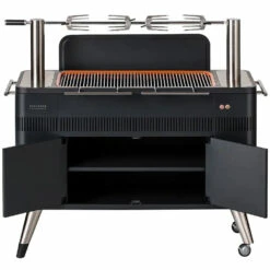 Everdure By Heston HUB 54-Inch Freestanding Charcoal Grill With Rotisserie 16 Everdure By Heston HUB 54-Inch Freestanding Charcoal Grill With Rotisserie -BBQDIRECT Shop Everdure by Heston HUB 54 Inch Freestanding Charcoal Grill with Rotisserie and Electronic Ignition HBCE2BUS Front View Open