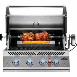 Napoleon Built-In 700 Series 32-Inch Natural Gas Grill With Infrared Rear Burner - Stainless Steel -BBQDIRECT Shop Low Res JPG BIG32RB Grillhead Str Open KnobsLit BurnerOn Rotisserie WithFood