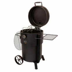 Oklahoma Joe's Bronco Pro Drum Charcoal Smoker - Black 19 Oklahoma Joe's Bronco Pro Drum Charcoal Smoker - Black -BBQDIRECT Shop Oklahoma Joes Bronco Pro Drum Charcoal Smoker Black 19202099 Angle View Open