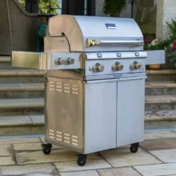 Saber Grills Stainless 500 32-Inch 3-Burner Freestanding Infrared Propane Gas Grill With Dual Ring Side Burner -BBQDIRECT Shop Saber Grills Stainless 500 3 Burner Freestanding Gas Grill R50SC0017 Lifestyle