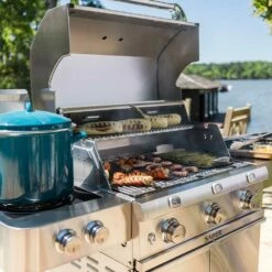 Saber Grills Stainless 500 32-Inch 3-Burner Freestanding Infrared Propane Gas Grill With Dual Ring Side Burner -BBQDIRECT Shop Saber Grills Stainless 500 3 Burner Freestanding Gas Grill R50SC0017 Lifestyle Food View