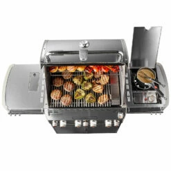 Weber Grills Summit S-470 Propane Gas Grill With Rotisserie, Sear Burner, And Side Burner -BBQDIRECT Shop Weber Grills Summit S 470 Propane Gas Grill with Rotisserie Sear Burner and Side Burner 7170001 Down View Food Shot